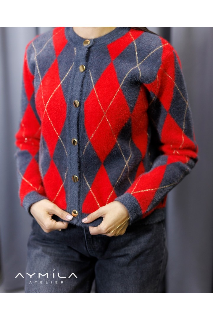 Baklava Desenli Hırka Antrasit-Kırmızı