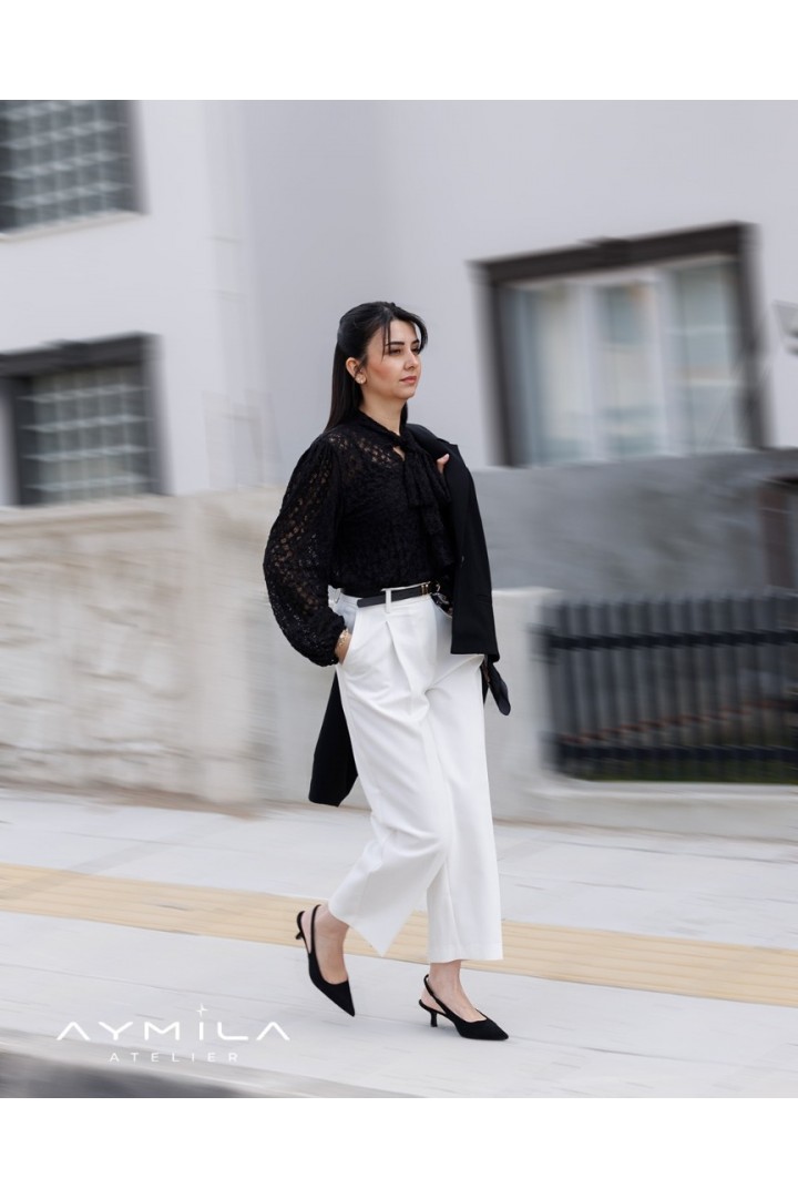 DİLVİN Kemerli Pensli Pantolon Beyaz