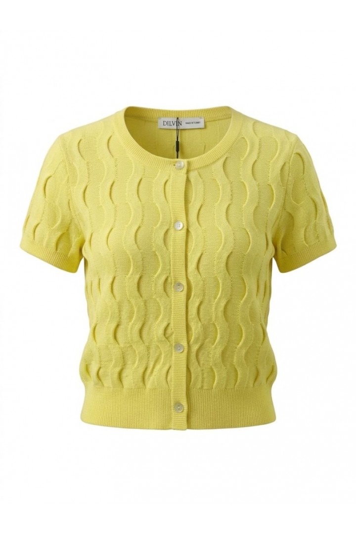 Dokulu Düğmeli Triko Hırka Sarı