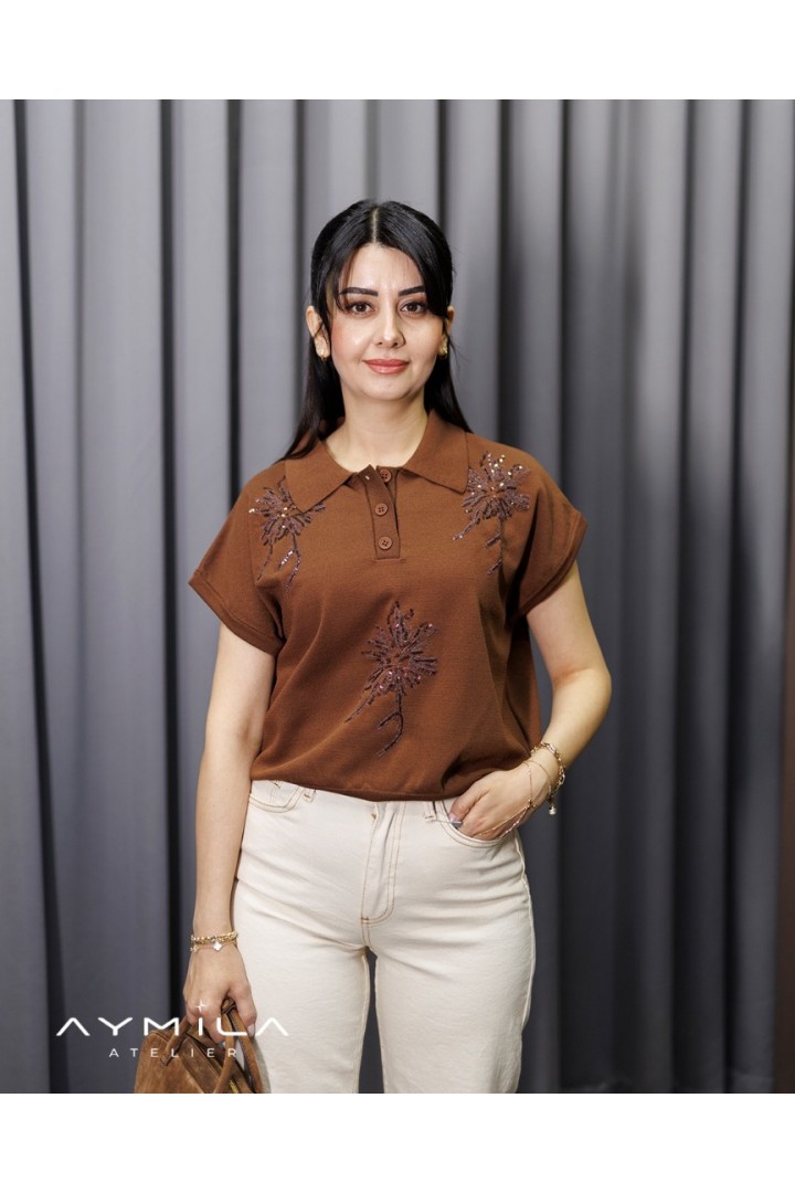 Pullu Sıfırkol Gömlek Yaka Triko Kahverengi