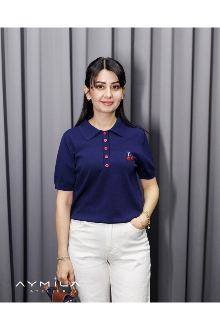 Vişne Nakışlı Kısa Triko Lacivert 