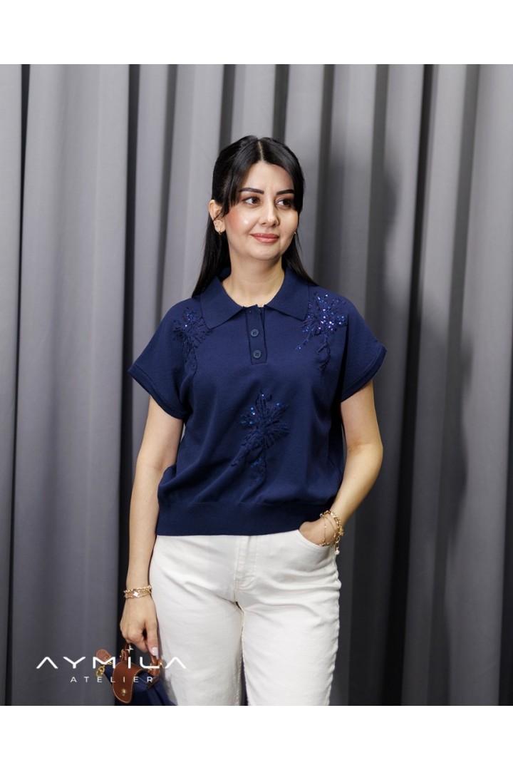 Pullu Sıfırkol Gömlek Yaka Triko Lacivert