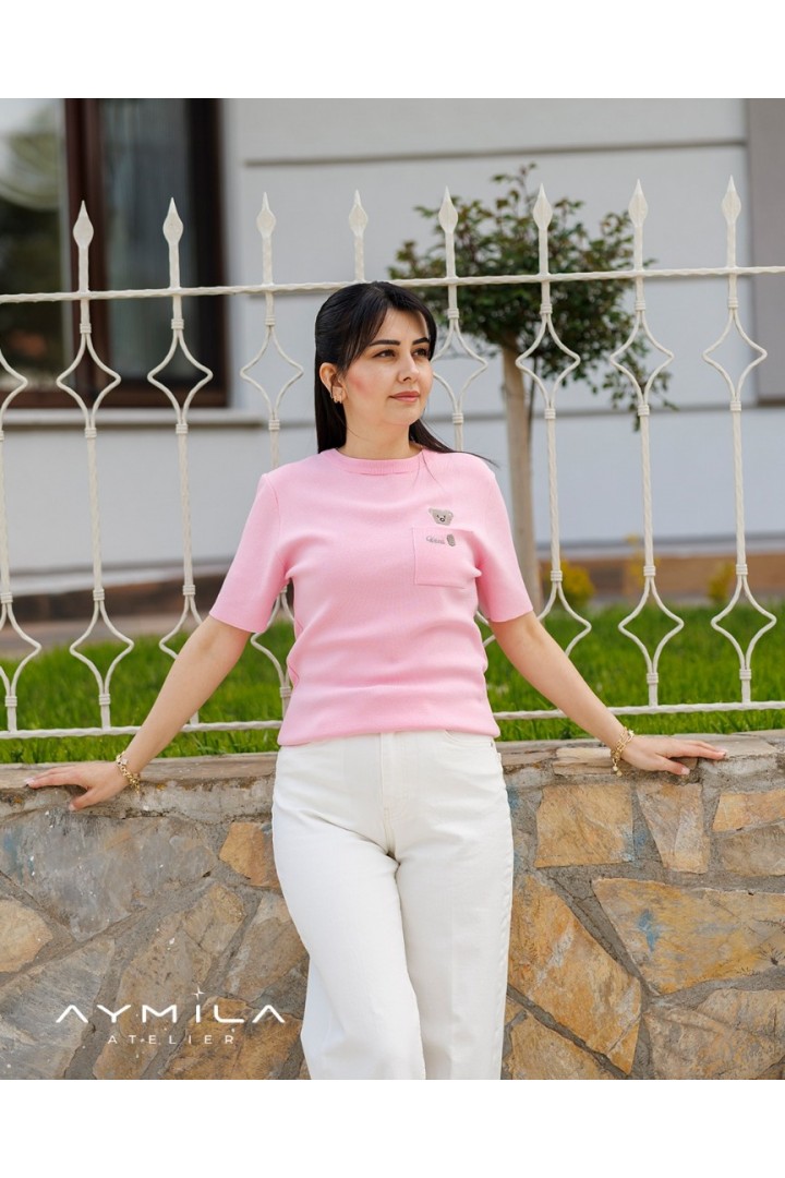 Cep Ayıcıklı Kısa Kol Triko Pembe