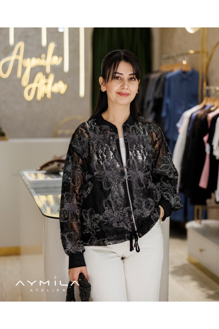 Siyah Dantelli Çiçek Desenli Büzgülü Ceket