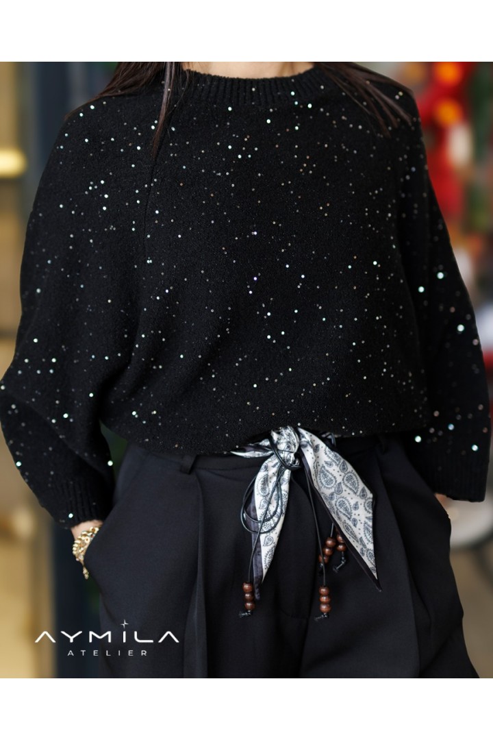 Pullu Yarım Kol Siyah Kazak