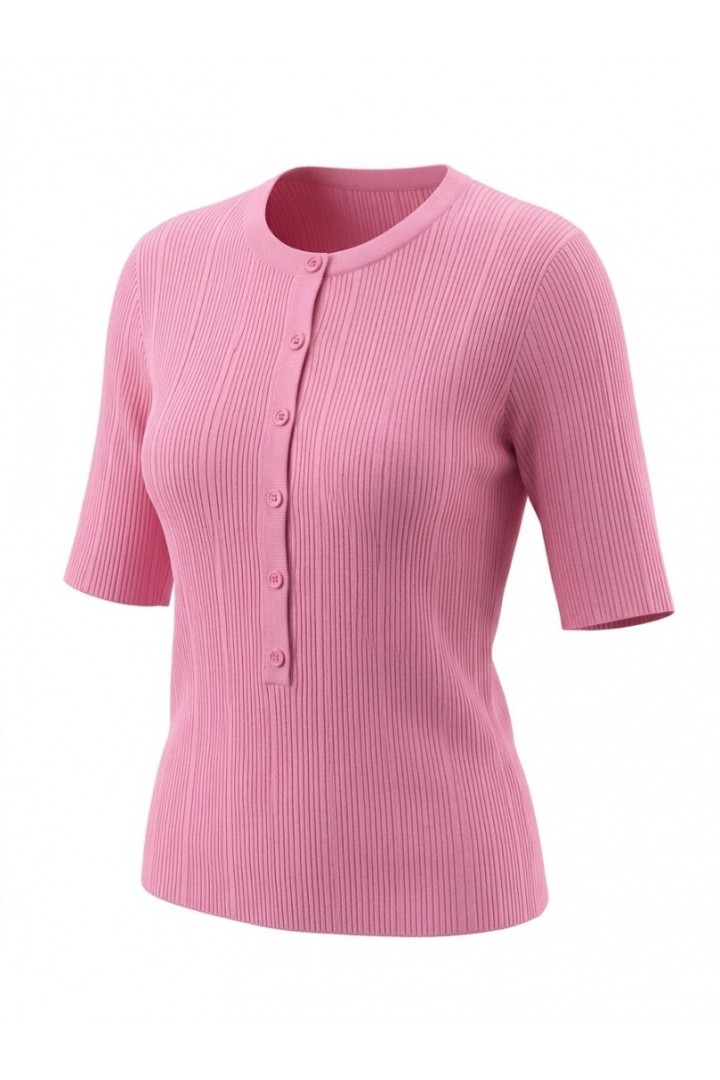 Bisiklet Yaka Fitilli Düğmeli İnce Triko Bluz Pembe