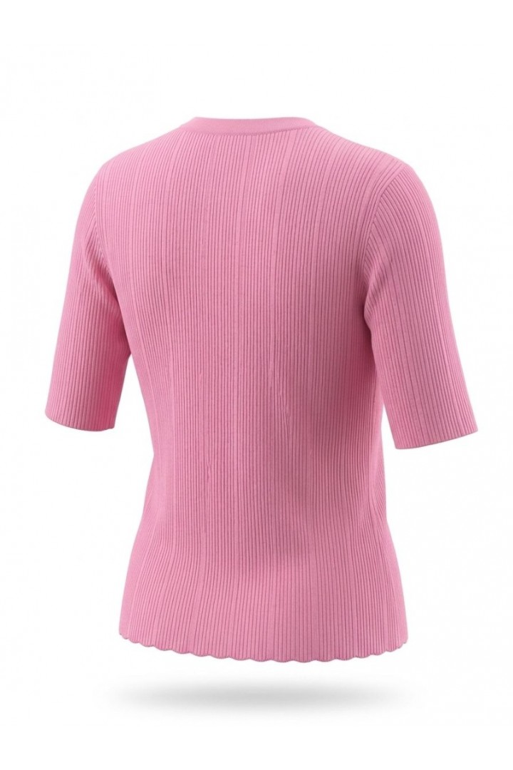 Bisiklet Yaka Fitilli Düğmeli İnce Triko Bluz Pembe