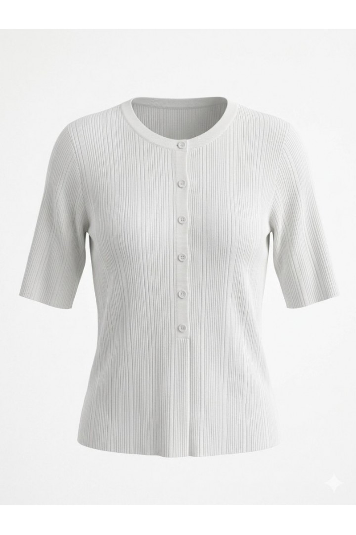 Bisiklet Yaka Fitilli Düğmeli İnce Triko Bluz Ekru