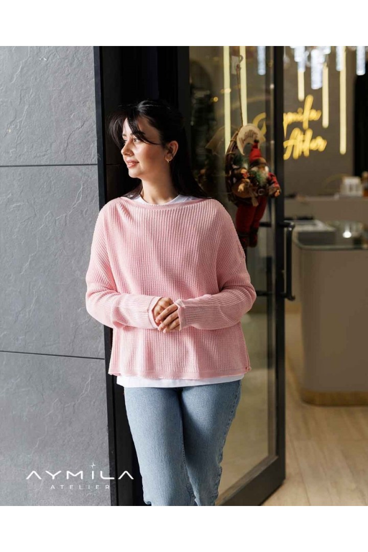 DİLVİN Kayık Yaka Triko Kazak Pembe