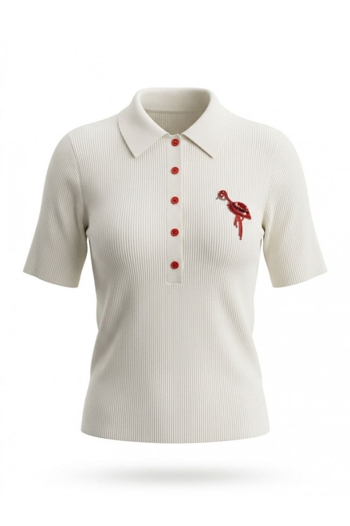 Boncuklu Gömlek Yaka Triko Vanilya 