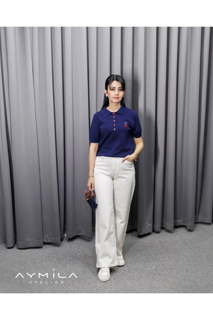 Vişne Nakışlı Kısa Triko Lacivert 