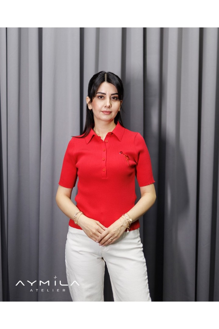Boncuklu Gömlek Yaka Triko Kırmızı