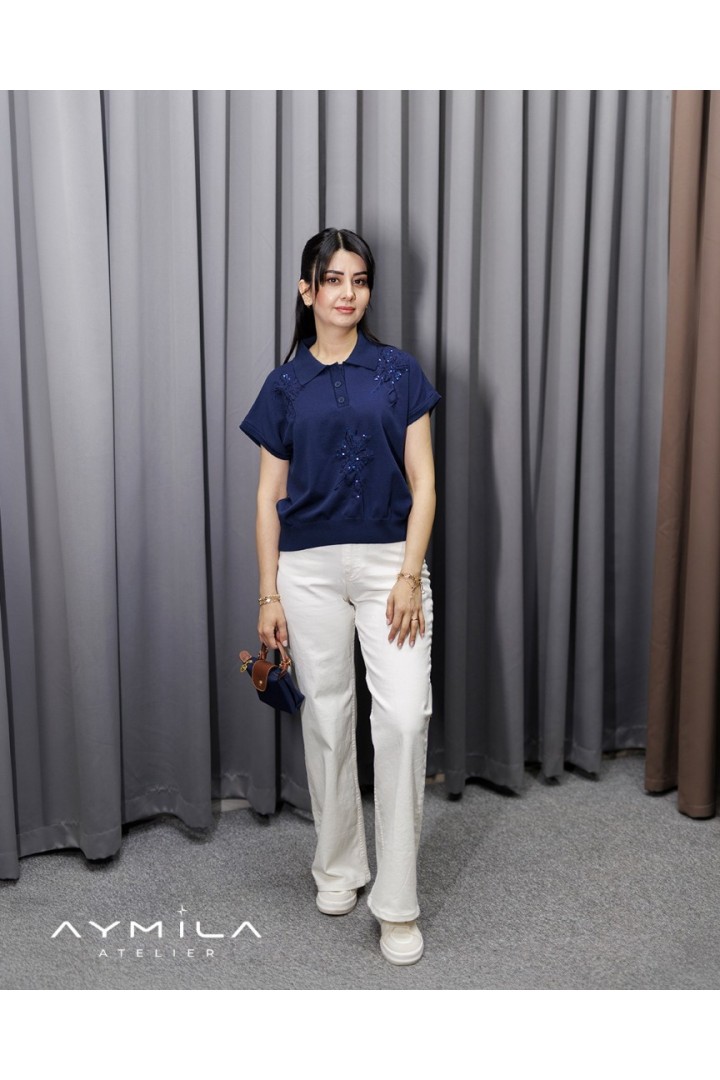 Pullu Sıfırkol Gömlek Yaka Triko Lacivert