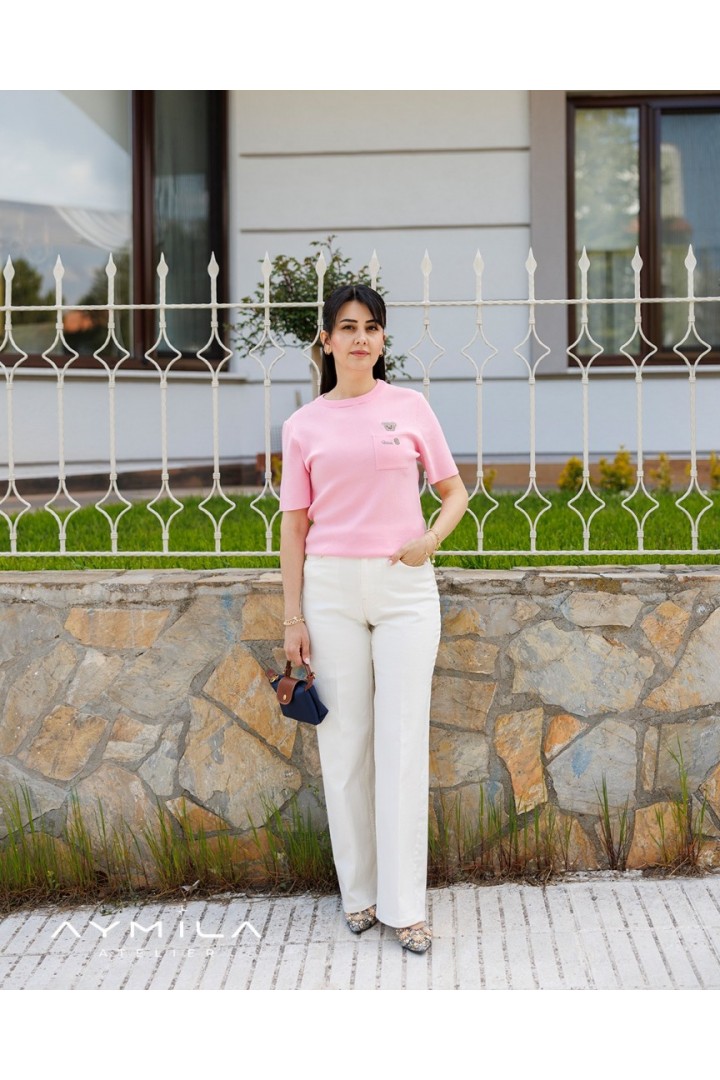 Cep Ayıcıklı Kısa Kol Triko Pembe