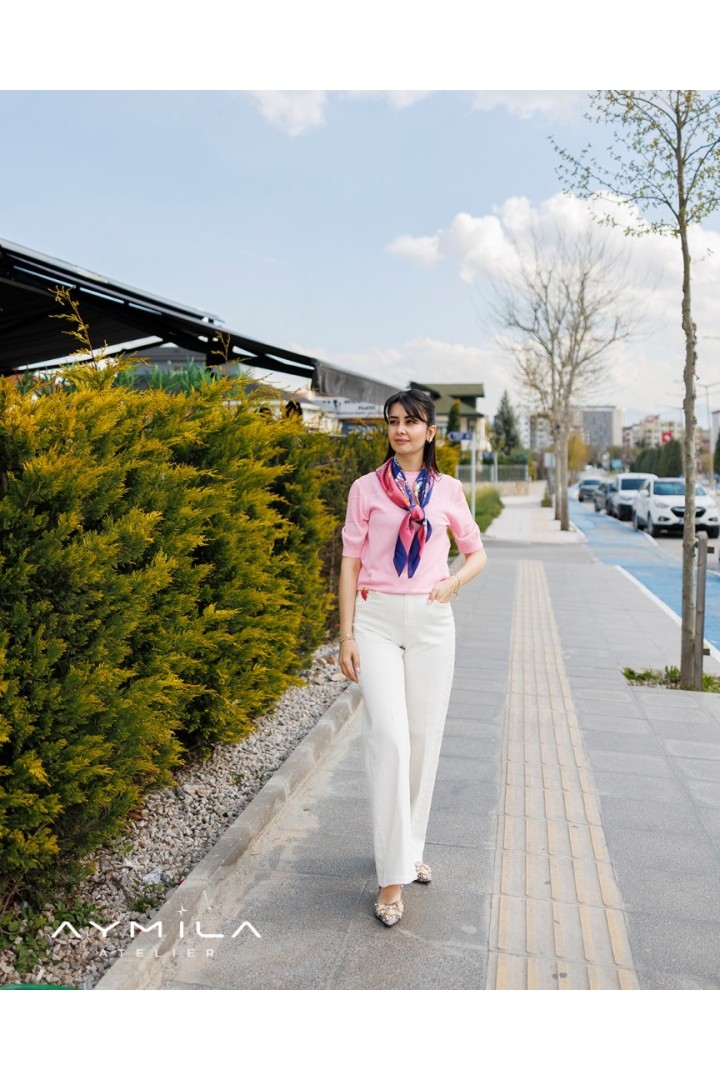 Manşetli Fitilli Kısa Kol Triko Pembe