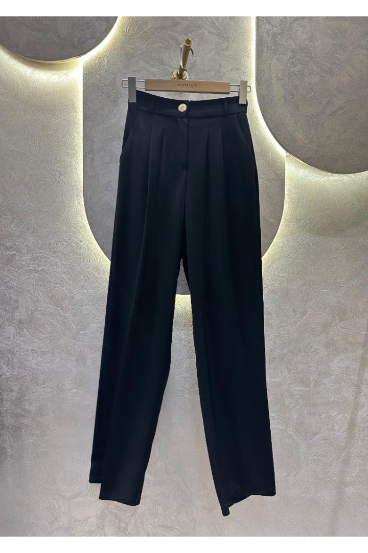 Pileli Palazzo Siyah Pantolon