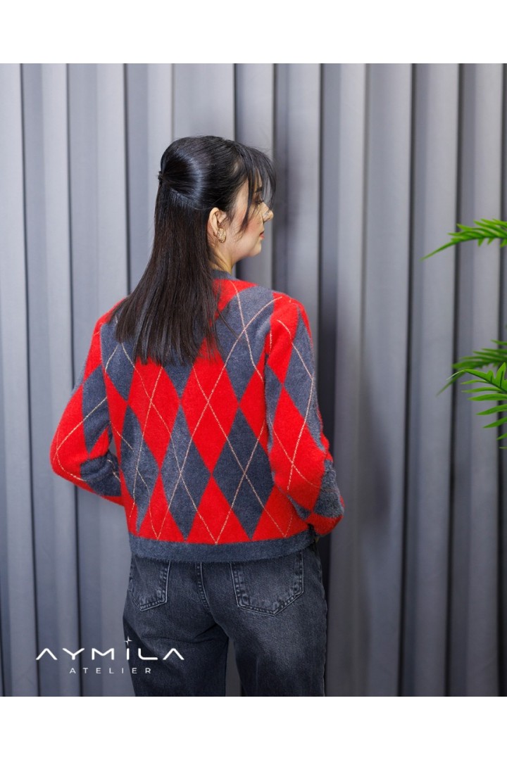 Baklava Desenli Hırka Antrasit-Kırmızı