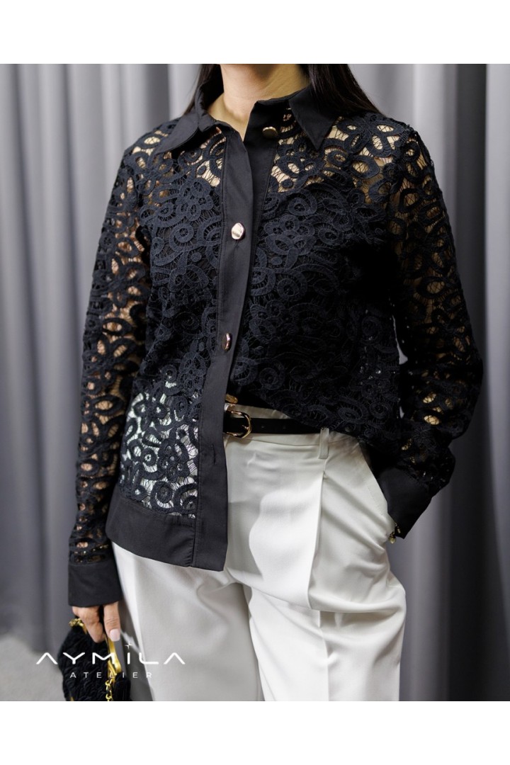 Güpür İşlemeli Sİyah Gömlek