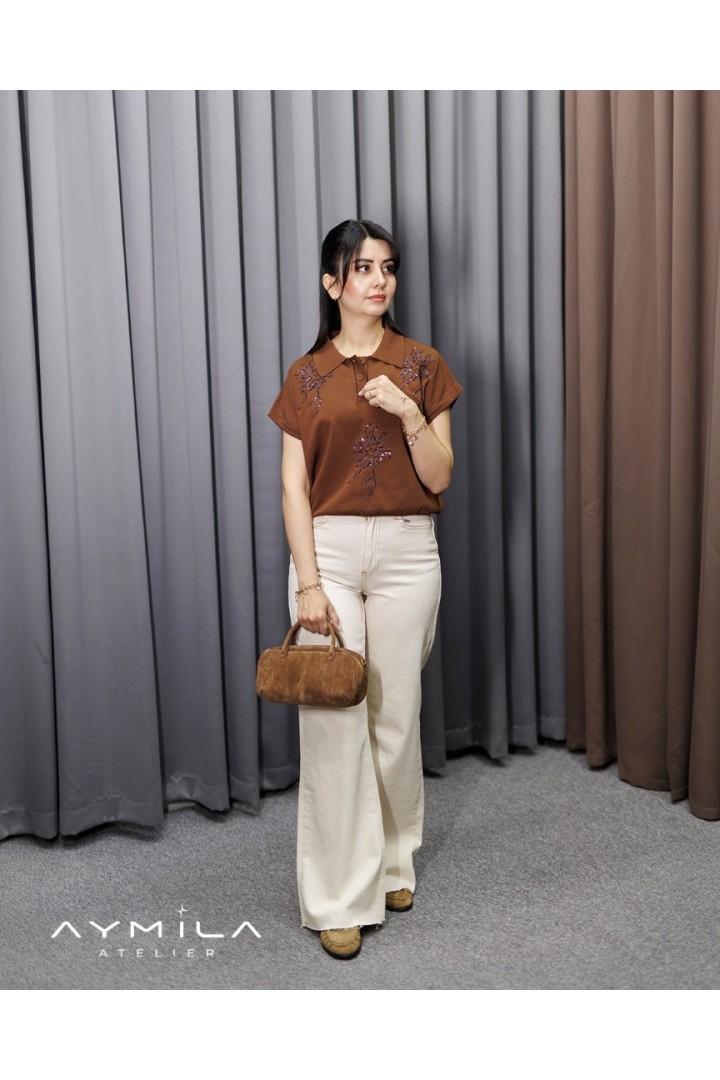 Pullu Sıfırkol Gömlek Yaka Triko Kahverengi