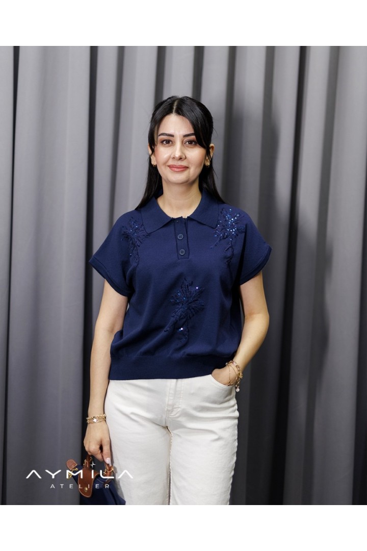 Pullu Sıfırkol Gömlek Yaka Triko Lacivert