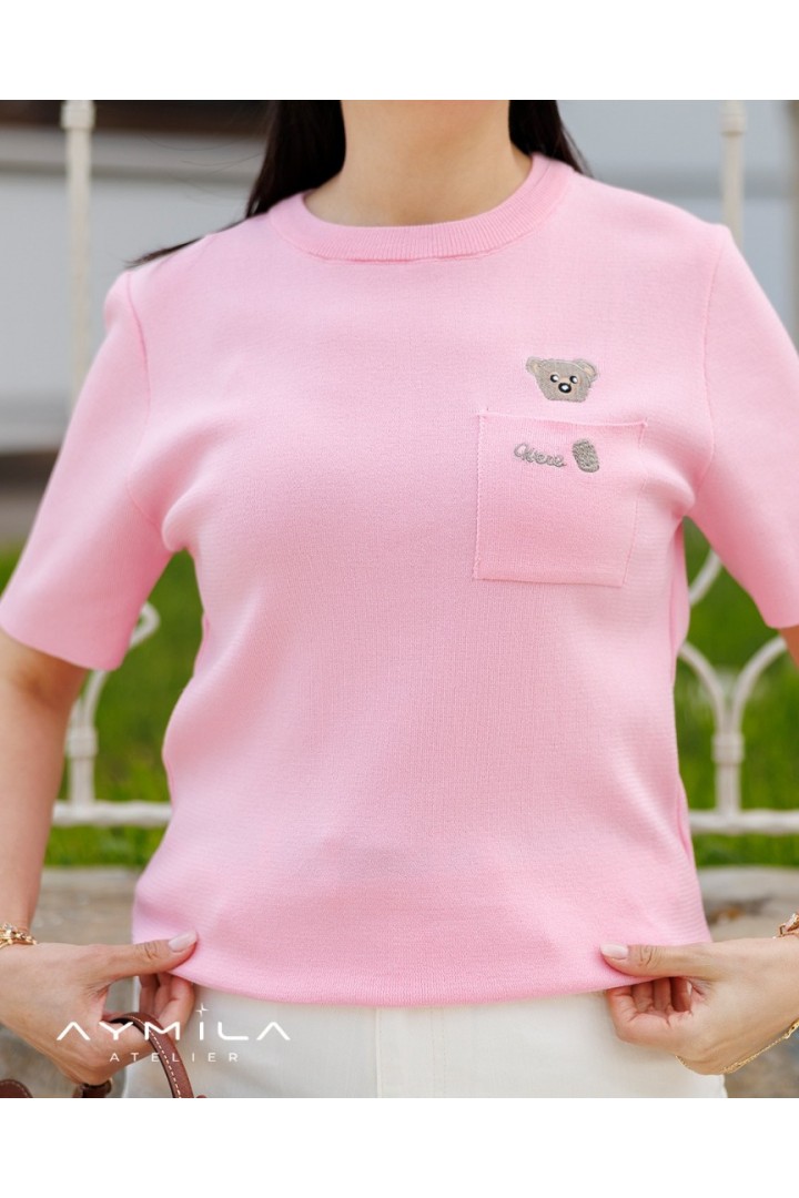 Cep Ayıcıklı Kısa Kol Triko Pembe