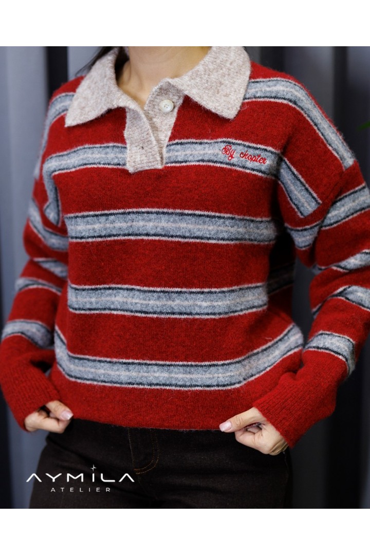 Gömlek Yaka Nakışlı Kazak