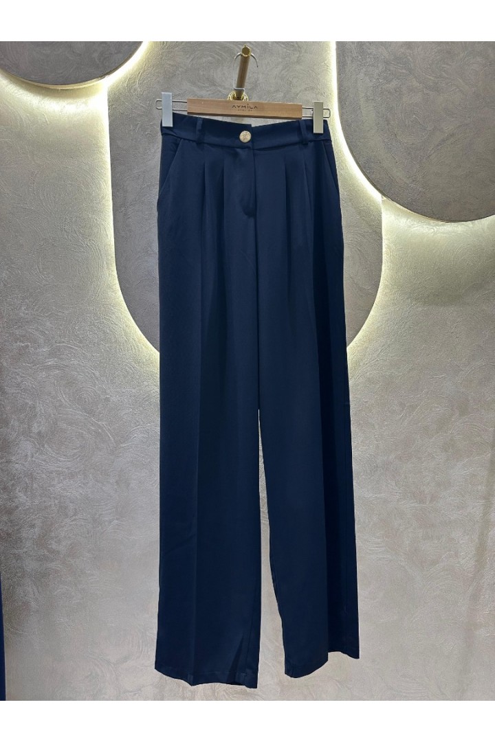 Lacivert Pileli Palazzo Pantolon