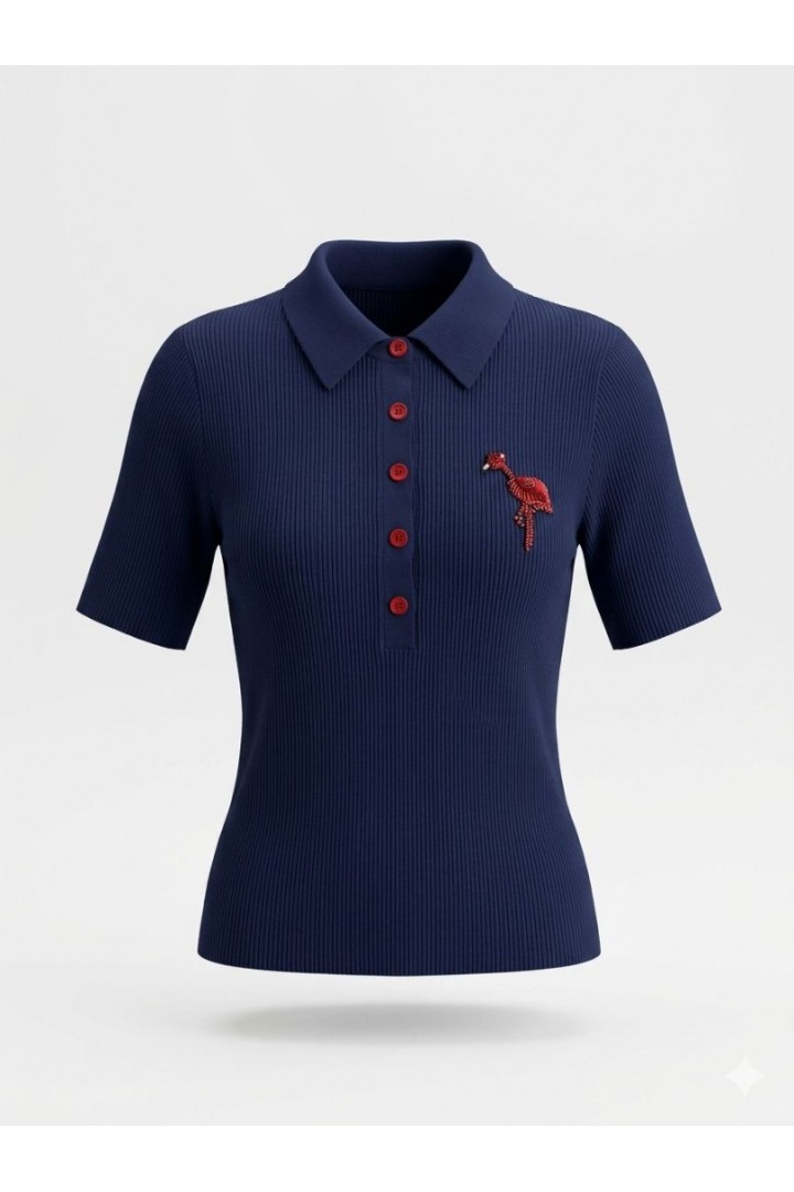 Boncuklu Gömlek Yaka Triko Lacivert