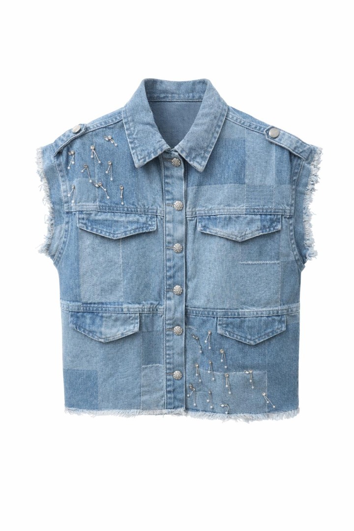 Taş ve Apolet Detaylı Kot Yelek