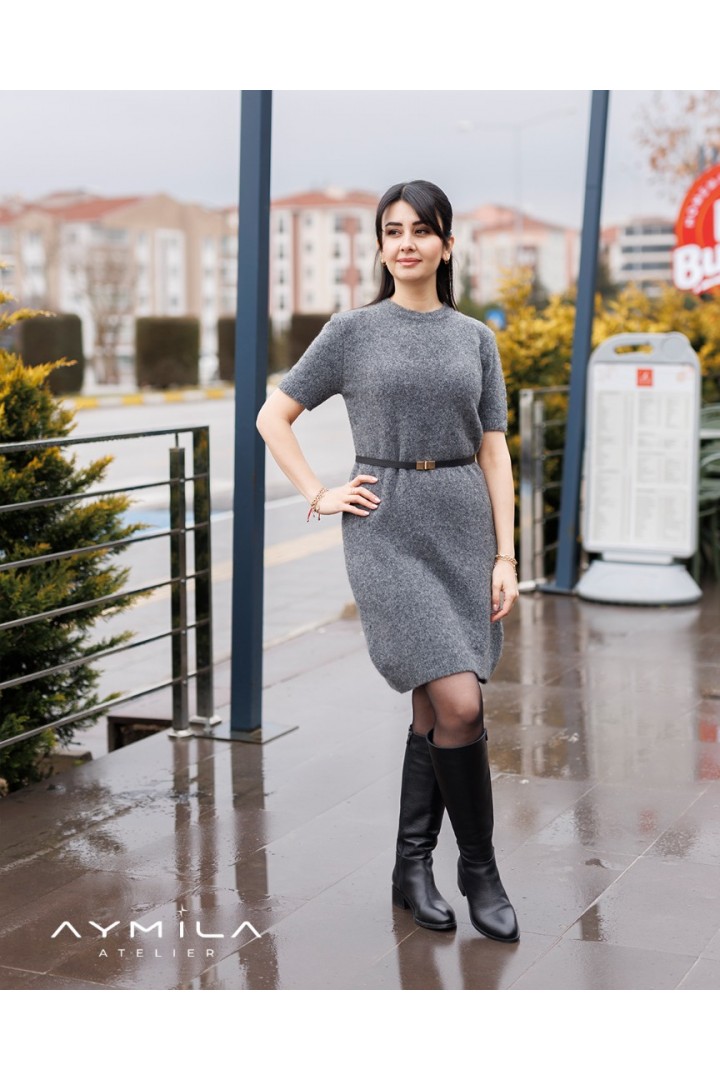 DİLVİN Bisiklet Yaka Yumuşak Dokulu Triko Elbise Füme Melanj