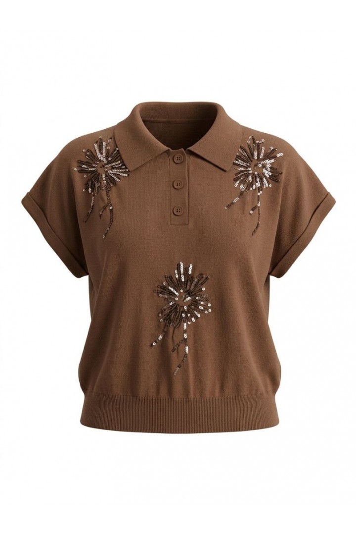 Pullu Sıfırkol Gömlek Yaka Triko Kahverengi