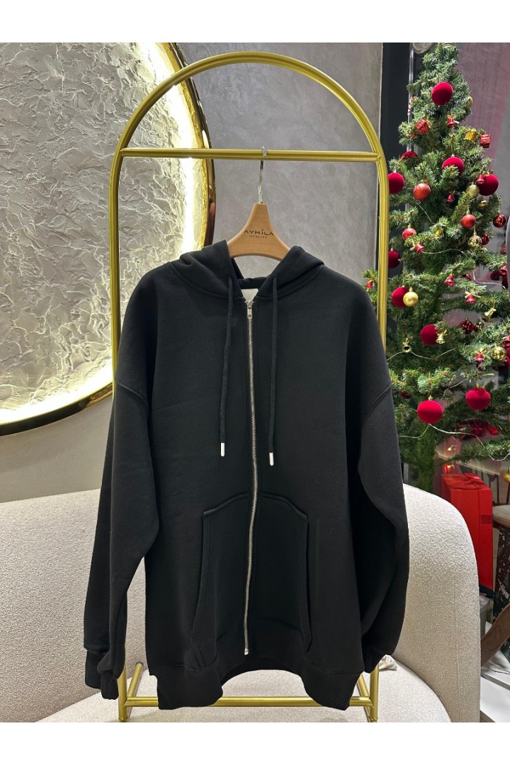 3 İplik Fermuarlı Kapşonlu Cepli Sweet Siyah