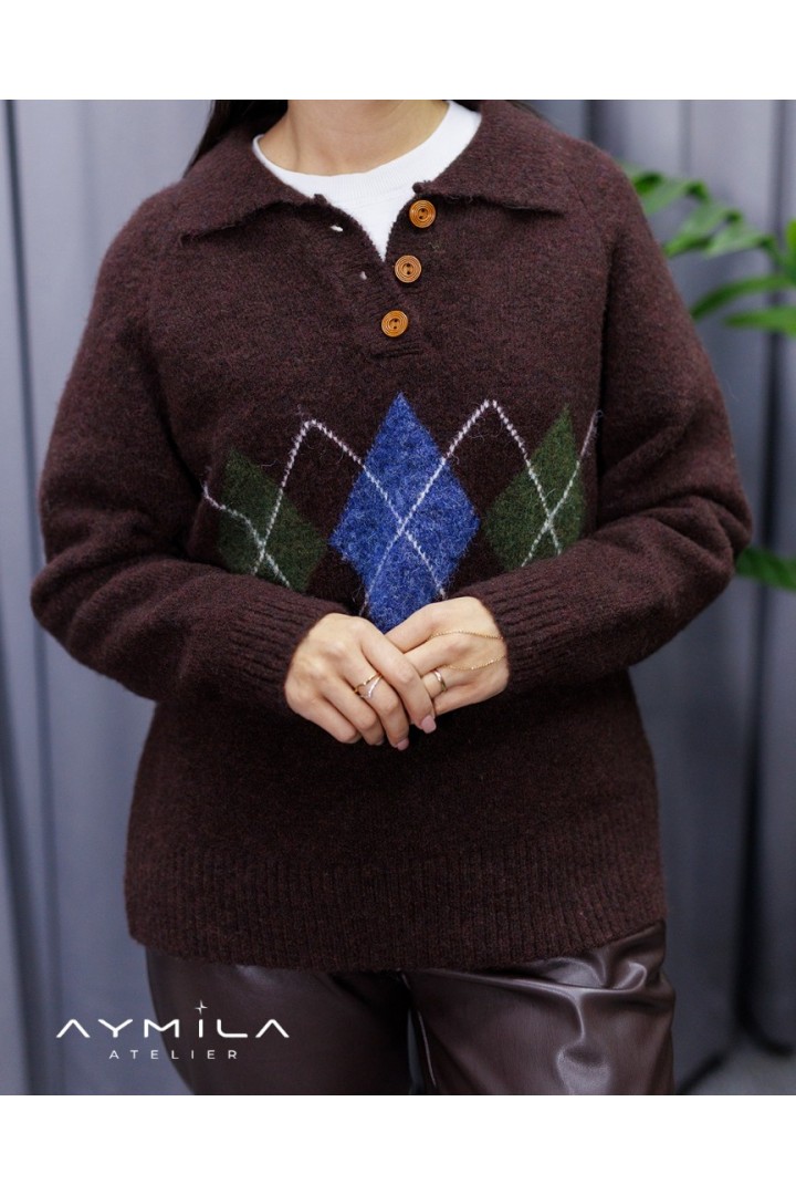 Gömlek Yaka Baklava Desenli Kazak Kahverengi