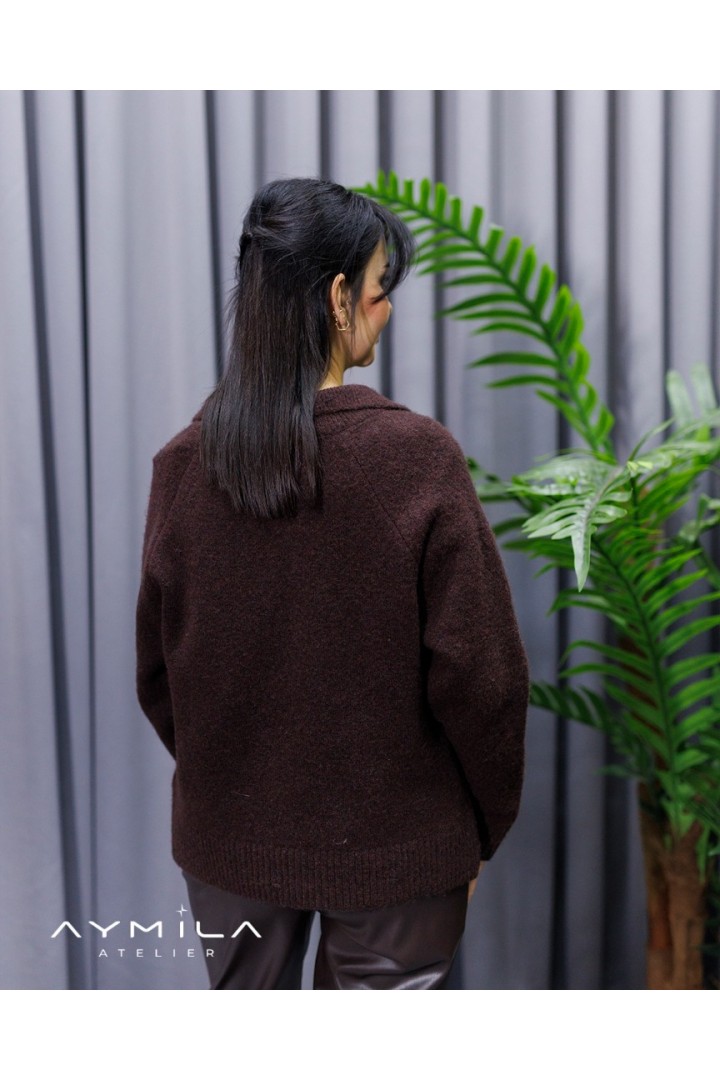 Gömlek Yaka Baklava Desenli Kazak Kahverengi