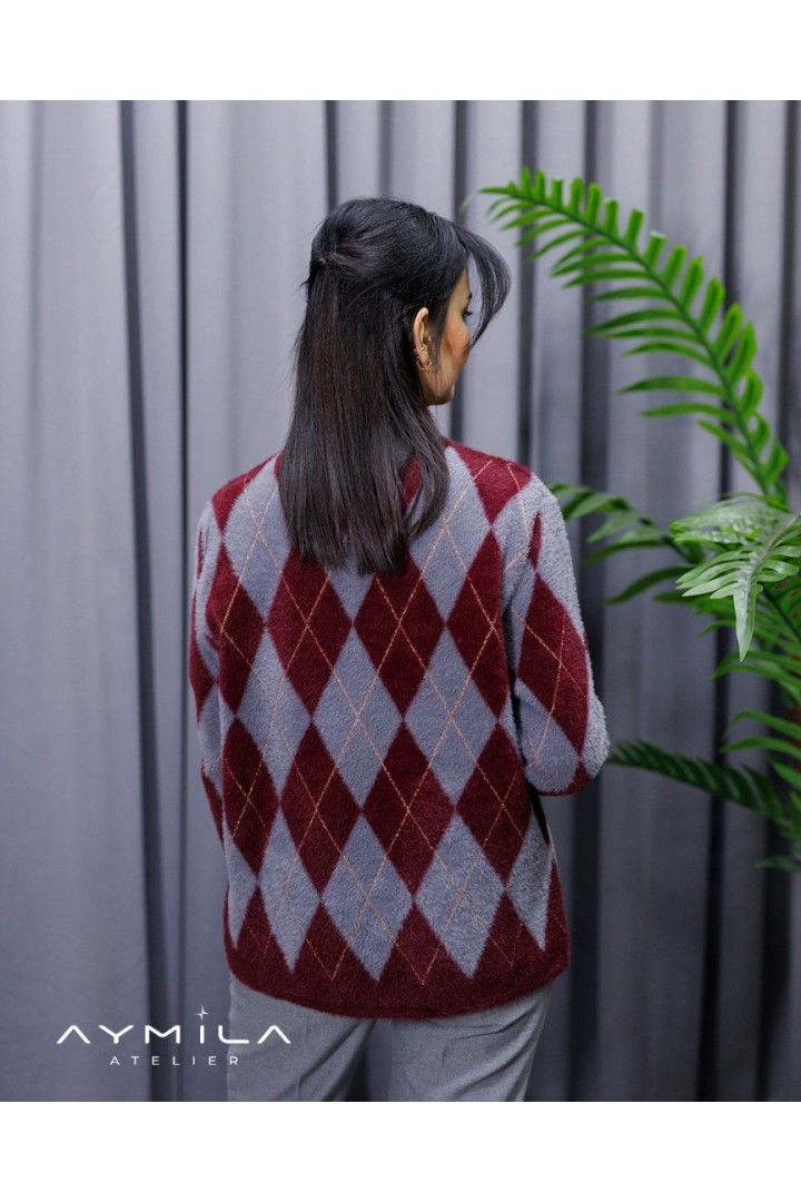 Baklava Desenli Simli Triko Bordo Gri