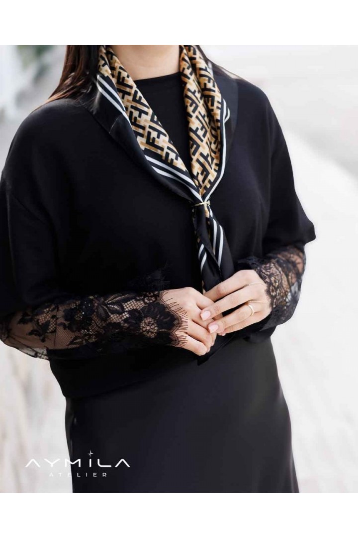 Dantel Kollu T-shirt Siyah