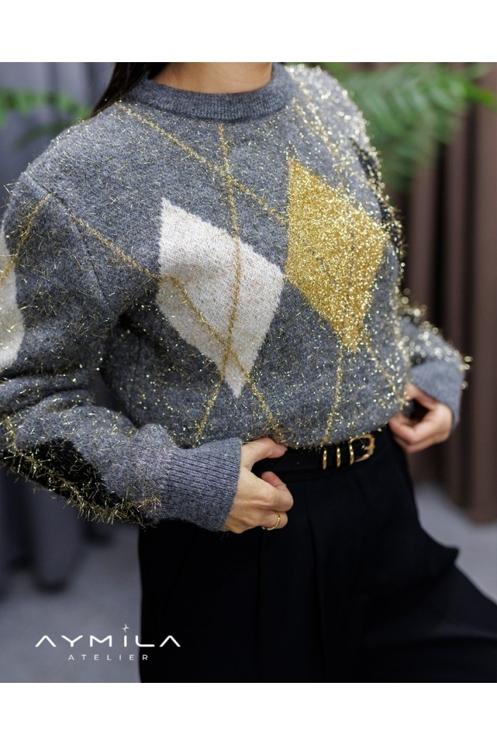 Simsakal Baklava Desenli Kazak Gri 